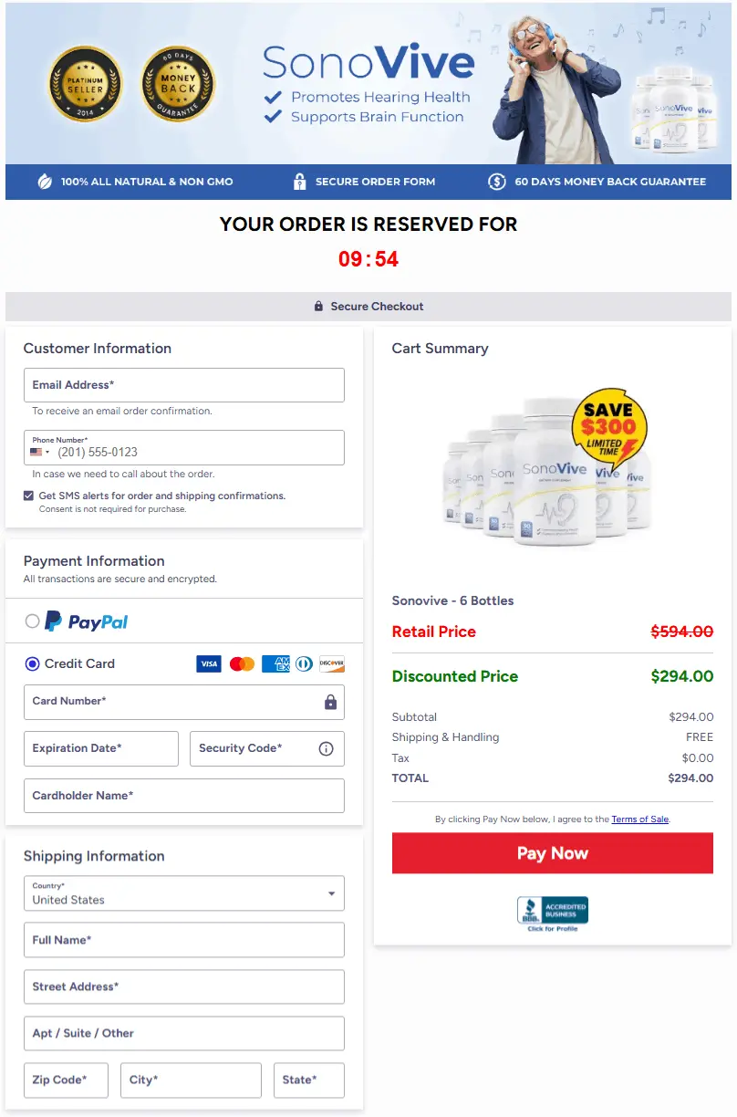 Buy SonoVive Online – Secure Payment Page with $300 Discount, 6 Bottles Hearing Support Supplement